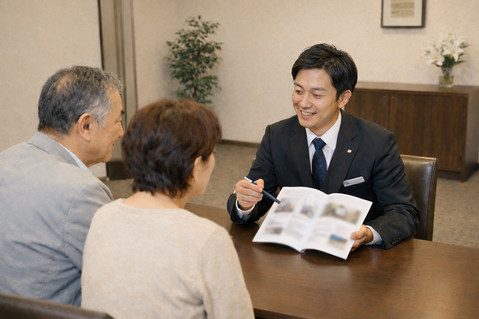 葬儀のシオンスタッフと打ち合わせしている様子